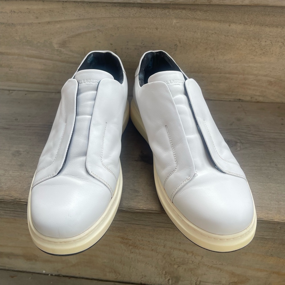 Karl Lagerfeld White Leather Slip-On Sneakers with Cream Sole